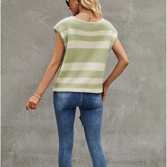 STRIPED ROUND NECK CAP SLEEVE KNIT TOP - Picture 2 of 3